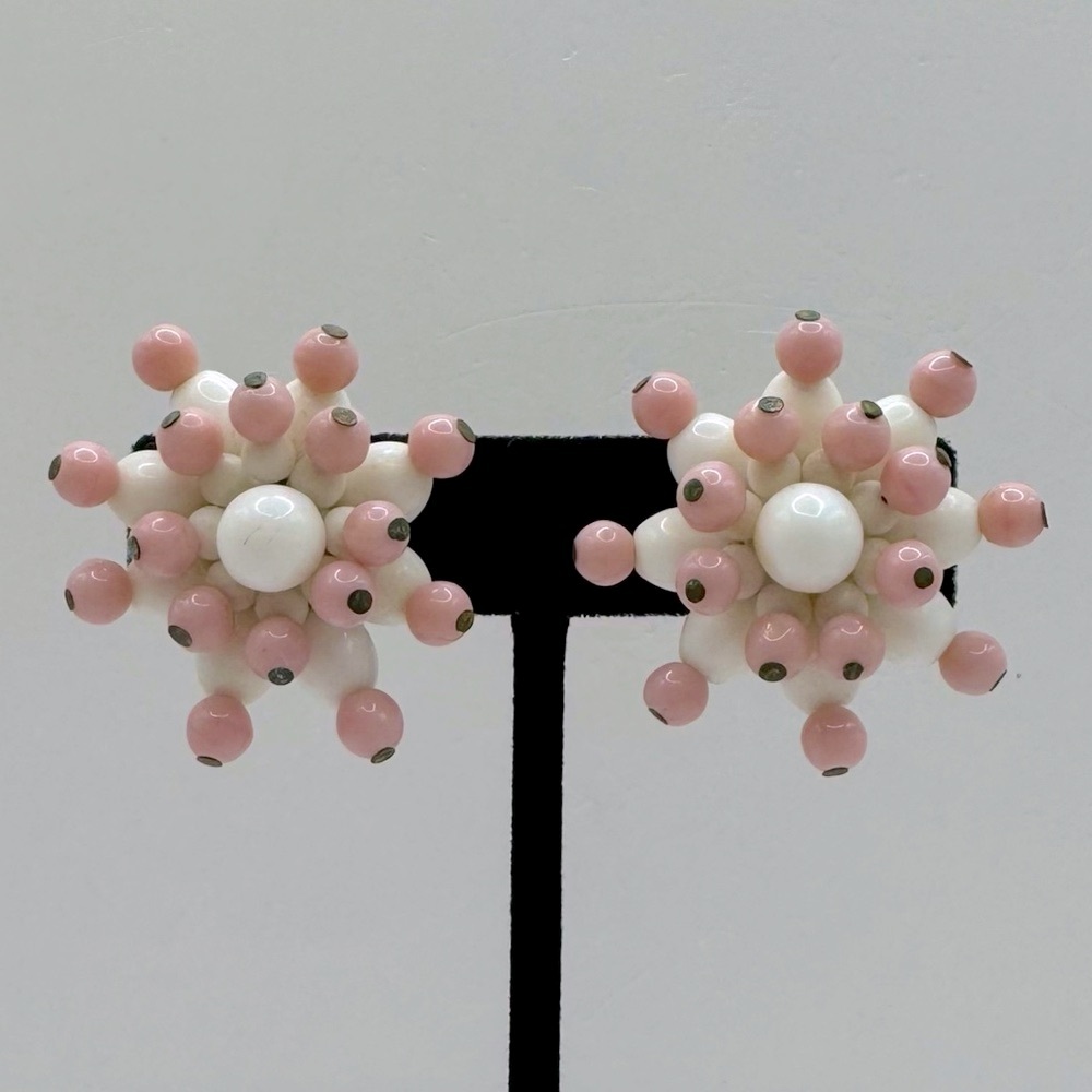 VINTAGE Pink & White Milk Glass Beaded Clip-On Earrings - WEST GERMANY